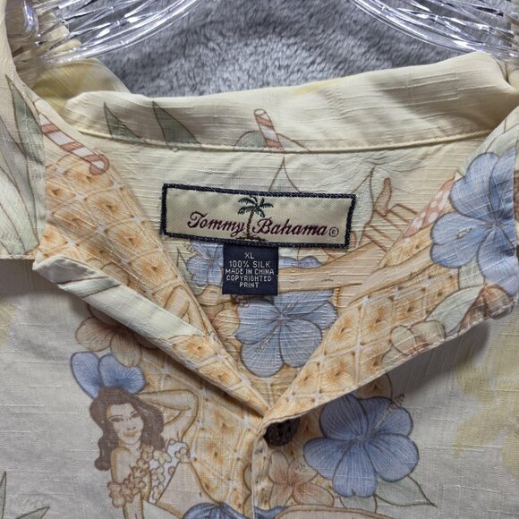 Tommy Bahama Shirt Mens XL Yellow Silk Floral Pinup Hula Girl Hawaiian Button Up - Picture 4 of 10